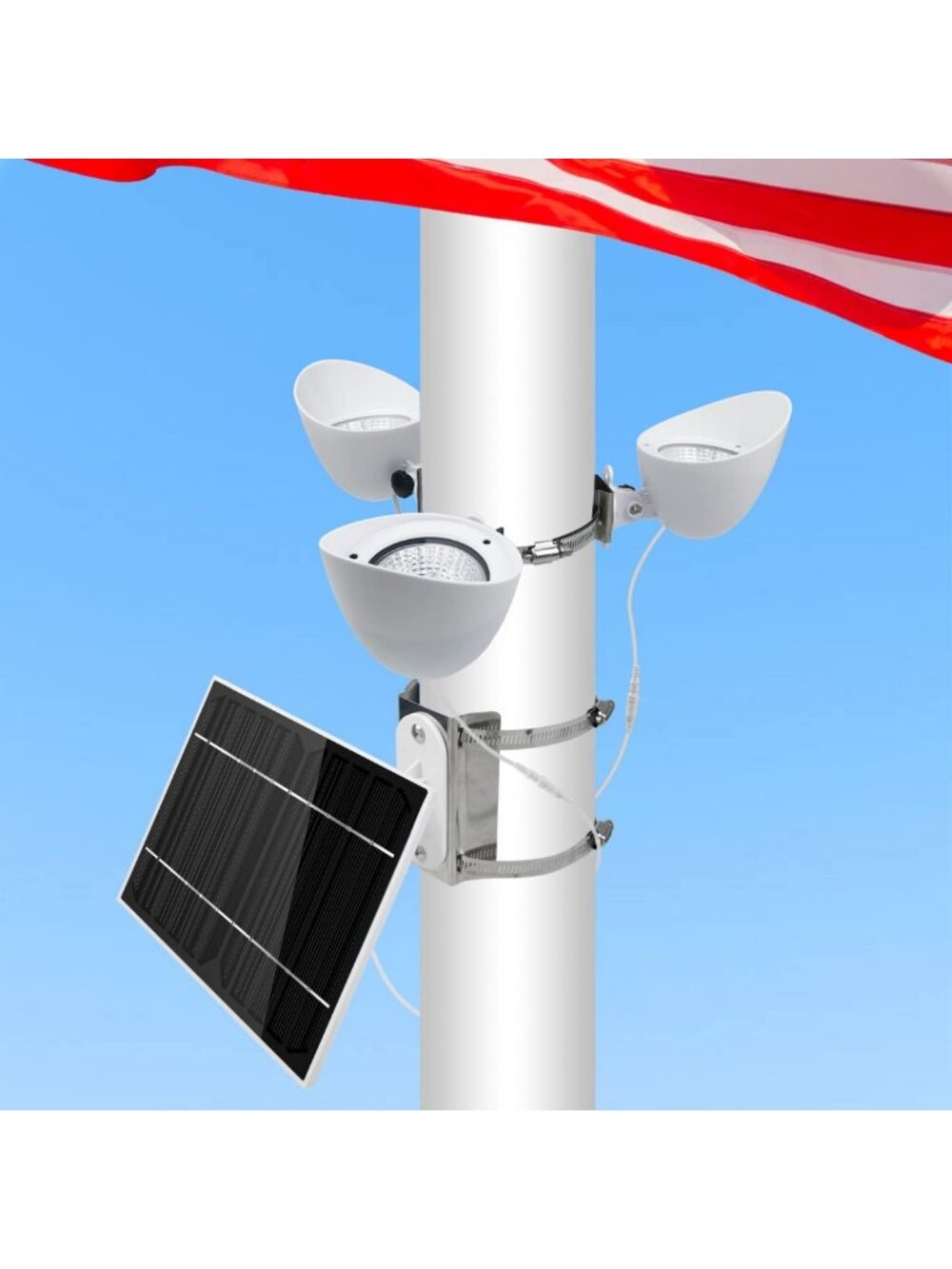 Outdoor Solar Flag Pole Light - 3 LED Spotlights, Adjustable Clamps, Waterproof